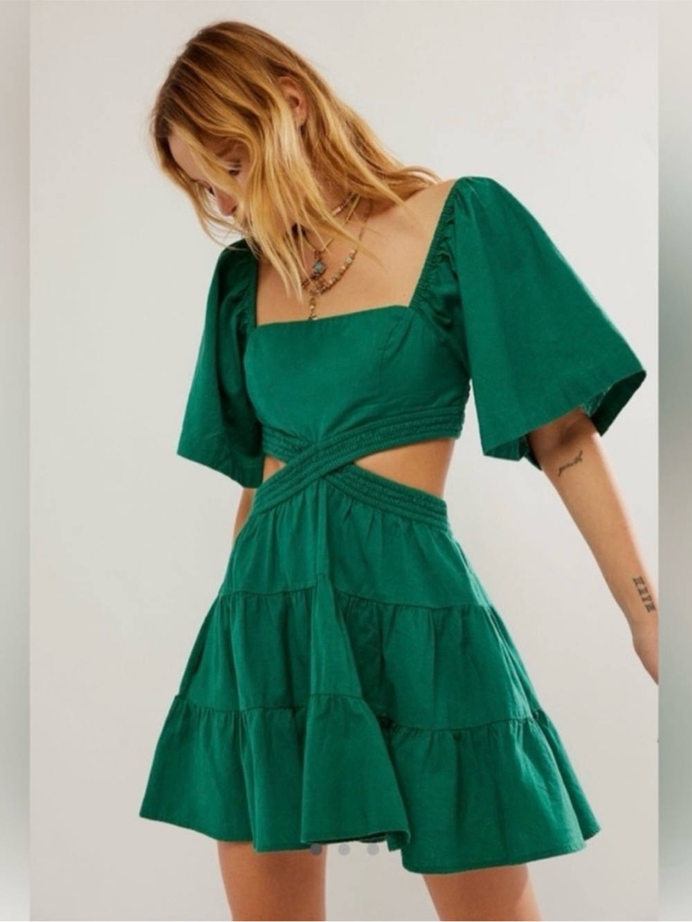 Free People Green Cutout Tiered Mini Dress